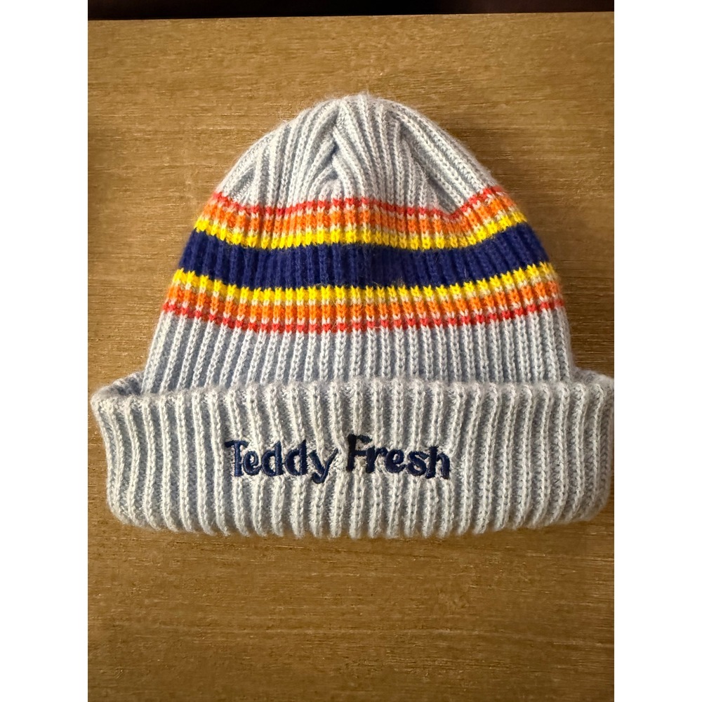 Teddy Fresh Beanie OS Light Blue Striped Embroidered Logo Retro Streetwear Hat